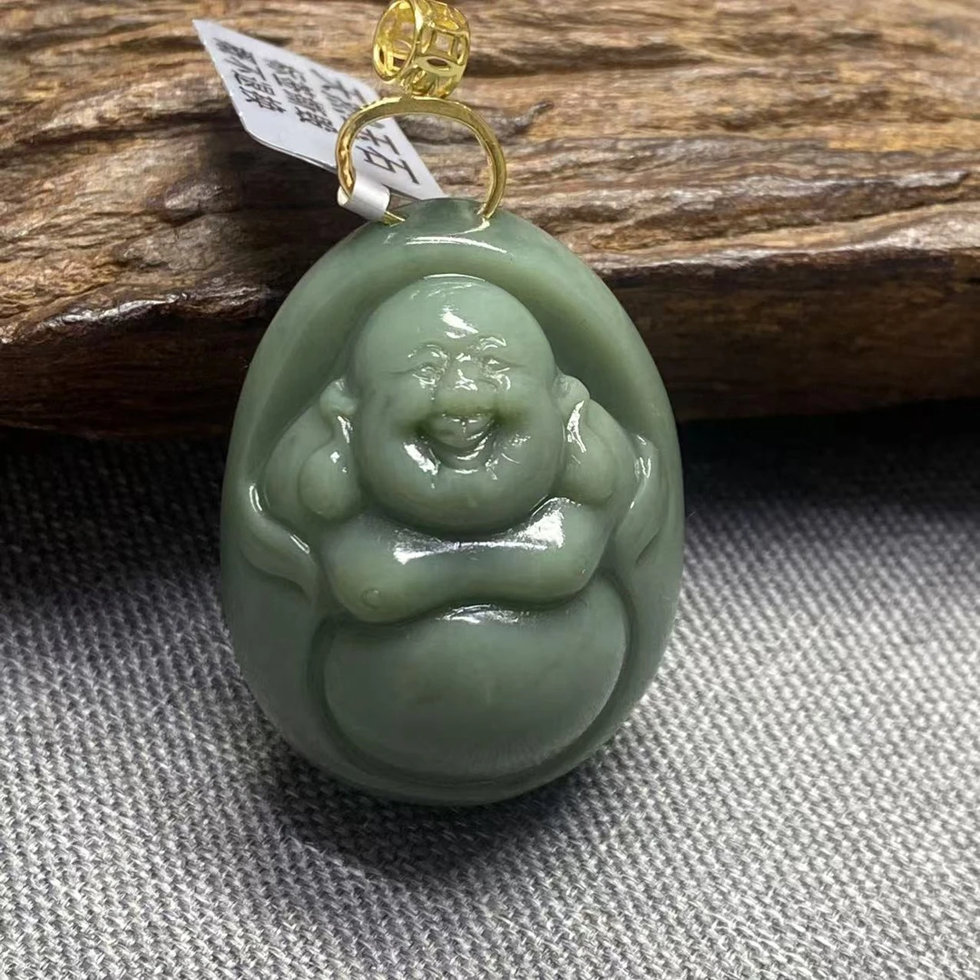 【迈越珠宝】天然和田玉碧玉吊坠粉青逍遥佛吊坠细料子精美精雕