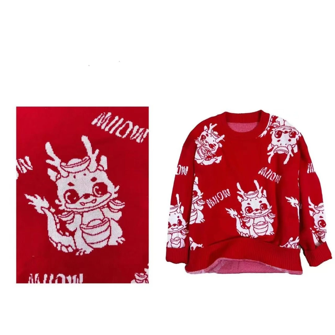 MiiOW/猫人龙年针织男女同款亲子款情侣款秋冬红毛衣F687