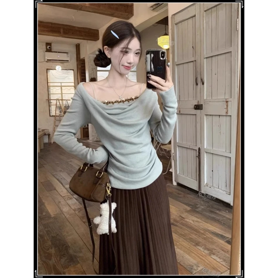 荡领露锁骨假两件长袖T恤女2024秋冬新款纯欲修身显瘦打底衫上衣