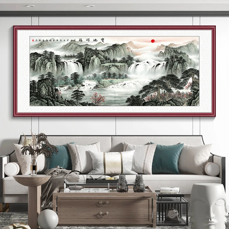 画事未了宝地祥瑞新中式客厅装饰画办公室国画沙发背景喷绘山水画