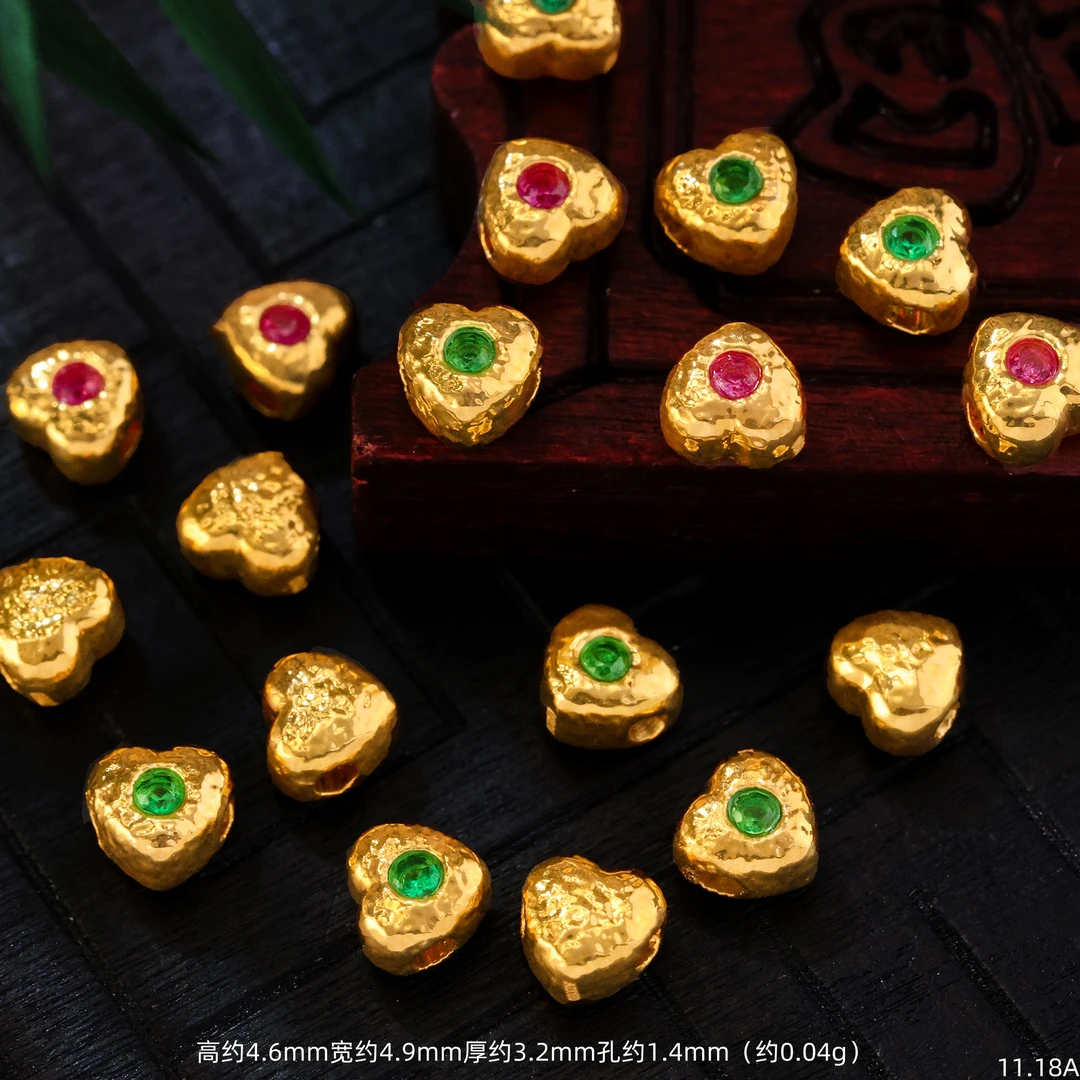【金豆工厂】18K金豪镶红绿宝爱心隔珠中穿手链项链配件（厚5D金）A