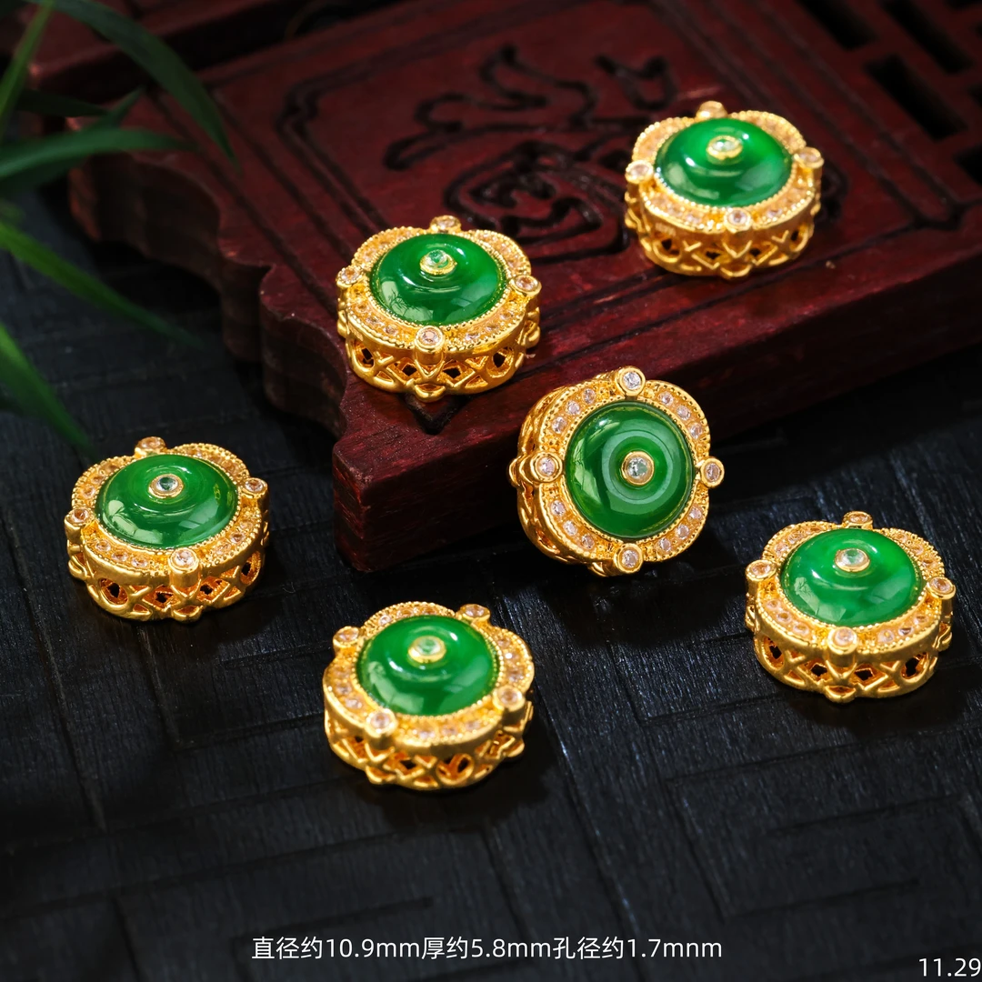 【金豆工厂】18K金豪镶缅A翡平安扣隔珠背云蛋面隔珠D