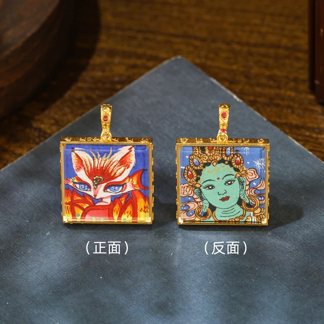 【专享特蕙！！】18K金双面手绘热贡唐卡凤九+绿度母金卡吊坠