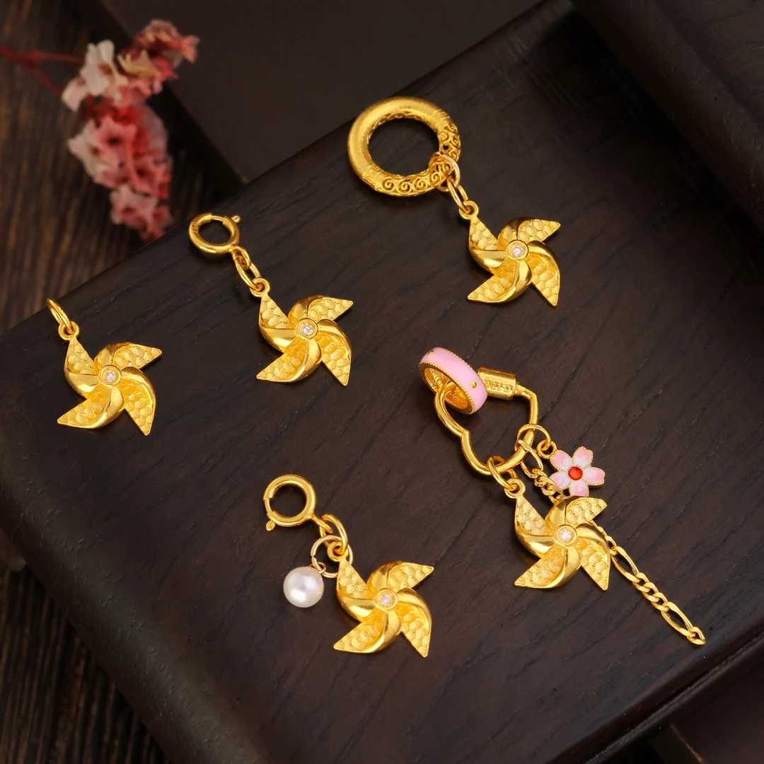 【金豆原创】18K金天然豪镶风车小滴溜吊坠+万能扣+跑环卡环C