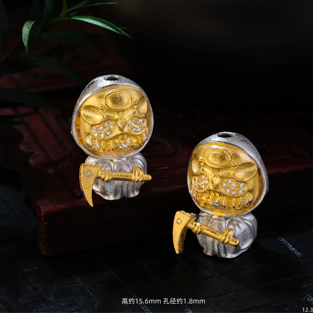 【金豆VIP】18K金天然豪镶锄头阿呆实心金加大号文玩隔珠顶珠H