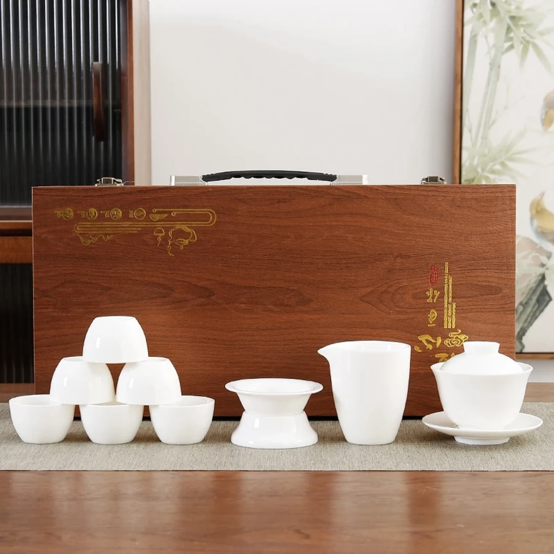 纯白冰种高档茶具家用盒装简约羊脂中式瓷盖碗礼盒装轻奢创意