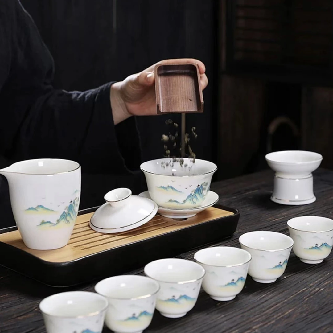 羊脂玉茶具千里江山套装白瓷功夫茶杯盖碗侧把茶壶家用客厅A220