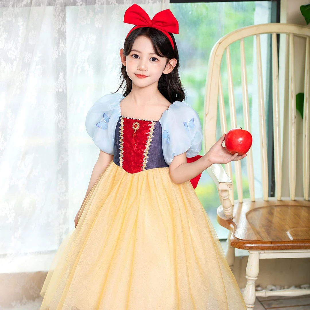 2025新款白雪公主蝴蝶网纱泡泡袖连衣裙六一儿童节女童演出服礼服