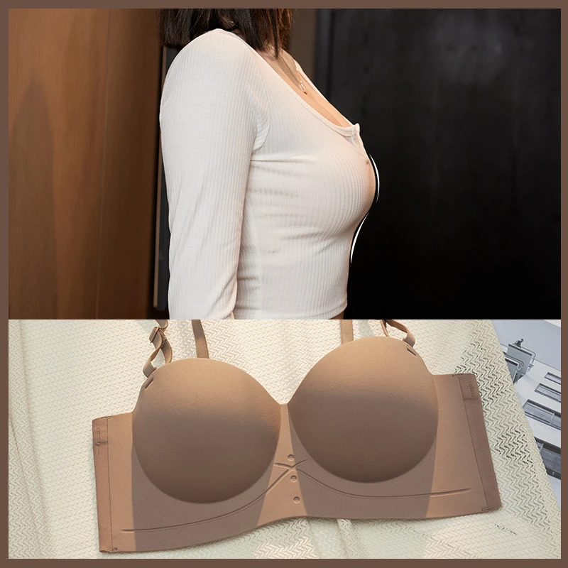 半杯内衣无肩带女士小胸聚拢显大无钢圈收副乳无痕文胸罩加厚防滑