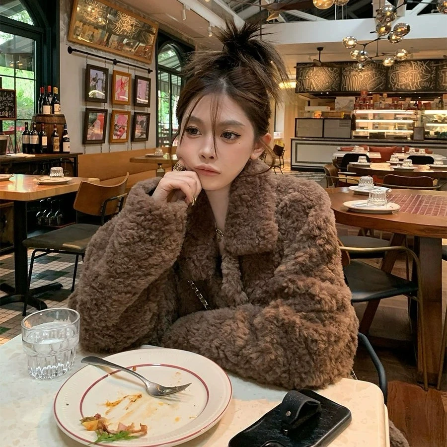 番茄侠 富人区Teddy 黑色仿貂毛翻领羊羔毛外套女冬加厚毛毛外套