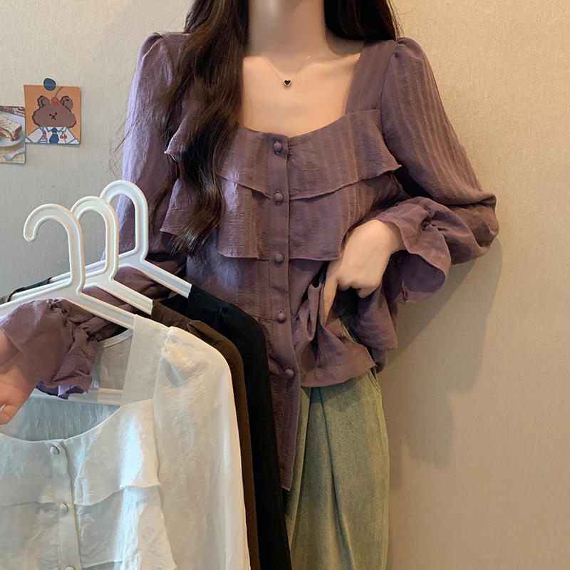 2024秋装新款胖mm大码女休闲温柔风肌理感荷叶边长袖衬衣上衣百搭