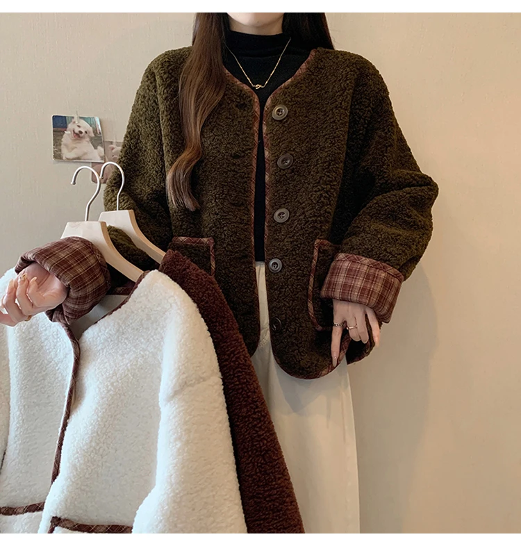 2024秋冬新款胖mm大码女百搭宽松加厚保暖拼色休闲低圆领开衫外套