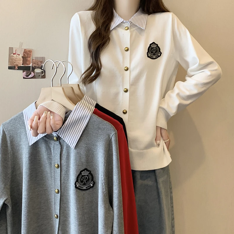 2024秋装新款大码女胖mm学院风假两件温柔条纹开衫毛衣针织衫上衣
