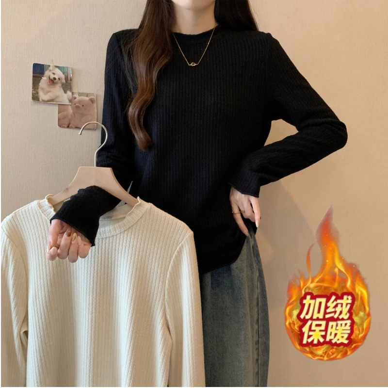 胖mm大码2024冬季新款磨毛百搭宽松显瘦打底T恤别致内搭保暖上衣