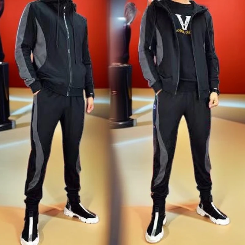 长裤时尚宽松夏季连帽开衫外套套装男春季新款青年休闲两件套