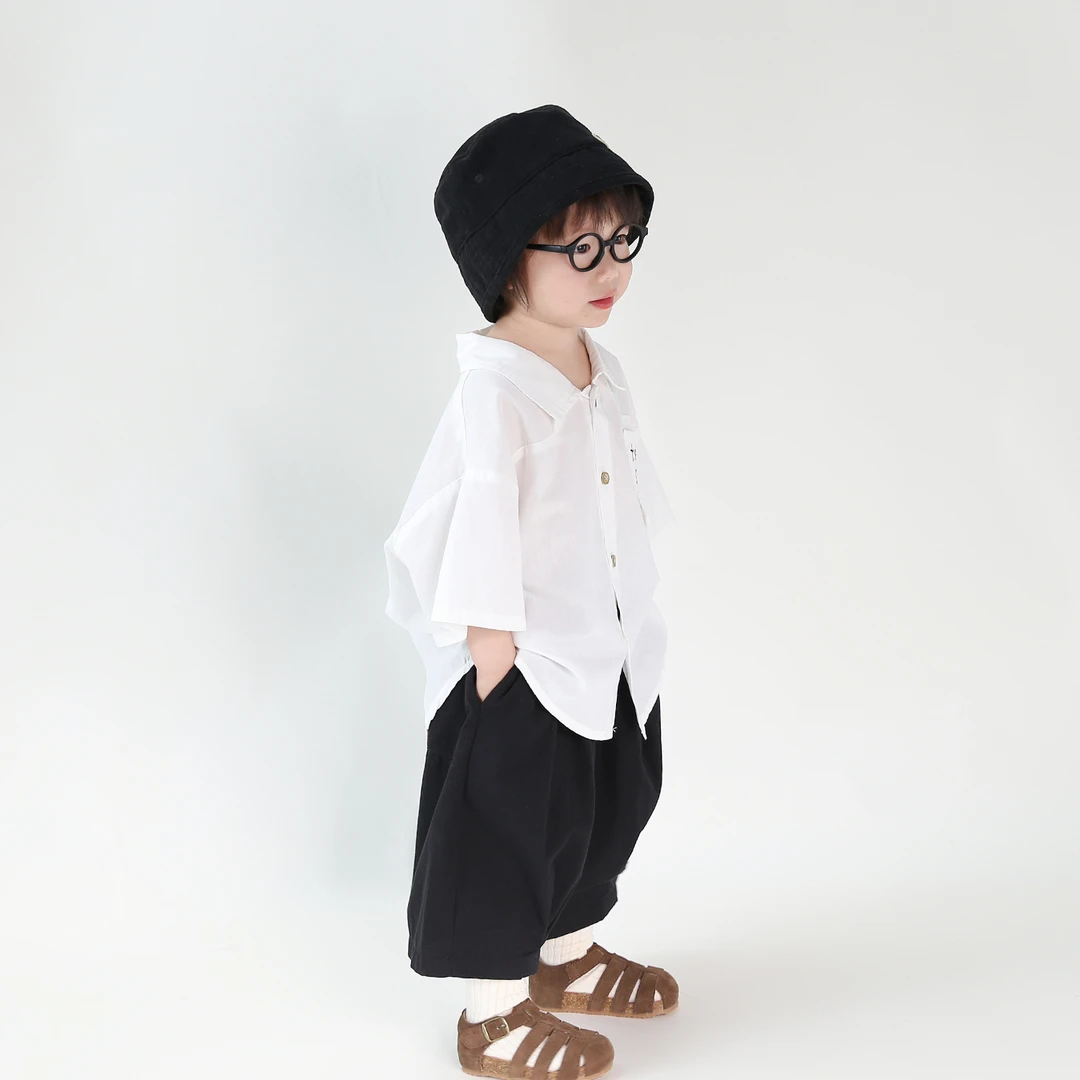 男女儿童五分袖衬衫2025年夏季薄款韩版宽松幼儿园宝宝衬衣童装潮