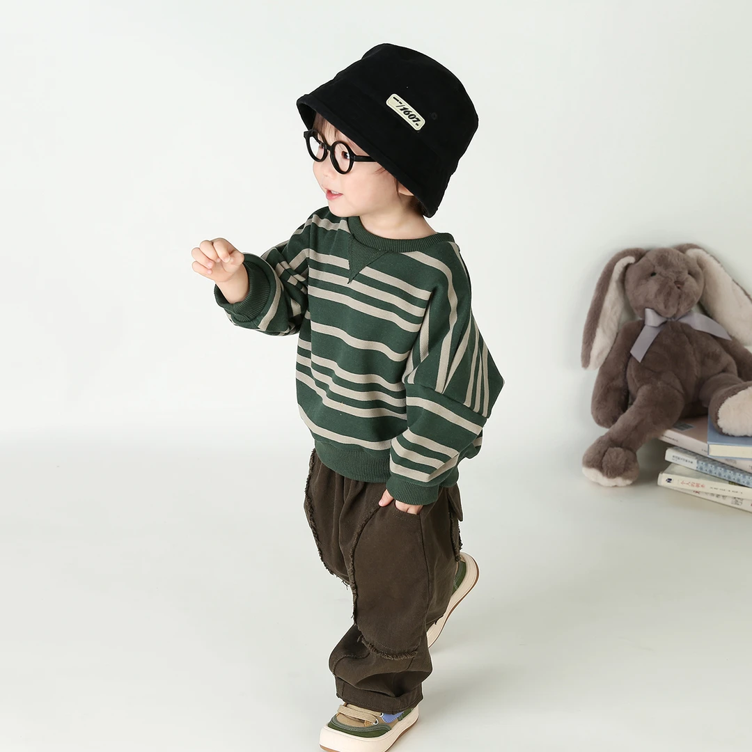 全棉~儿童宝宝条纹卫衣2025秋季新款韩版男女童长袖毛圈上衣纯棉