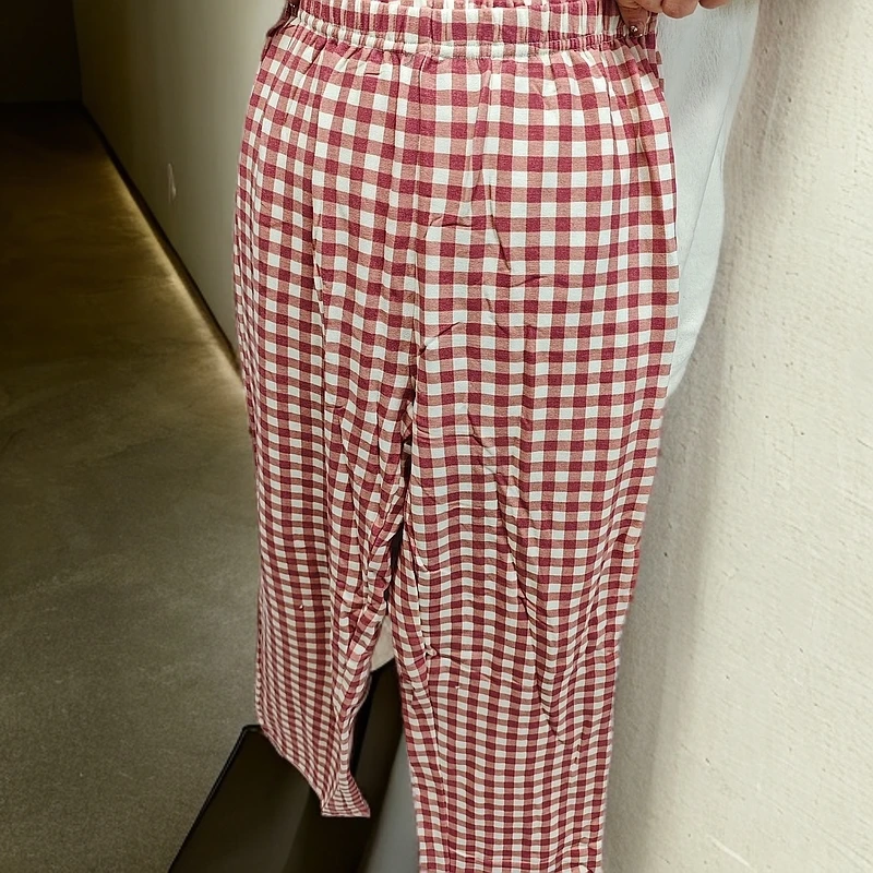 四季款冰丝毛圈棉裤子家居裤格子裤休闲裤女士格纹睡裤宽松时尚