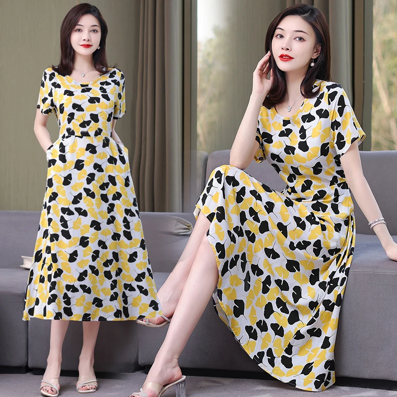 新款夏装大码碎花绵绸连衣裙女装气质洋气中长款韩版收腰时尚裙子