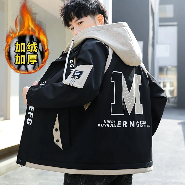 秋冬季外套男加绒加厚青少年学生韩版夹克男潮流帅气宽松百搭褂子