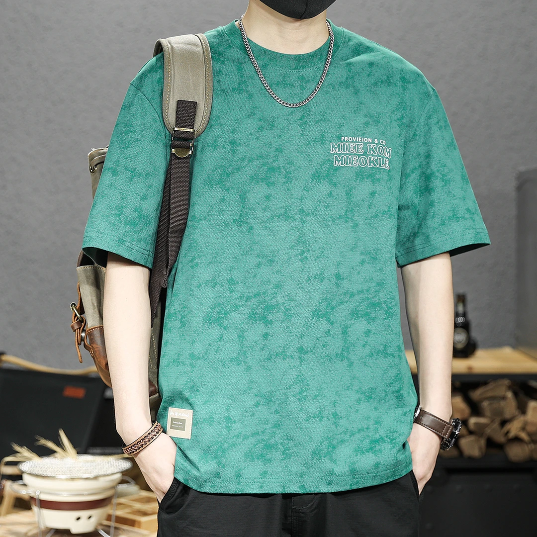 美式重磅240g纯棉短袖t恤男新款云染印花半袖男士大码宽松上衣T恤