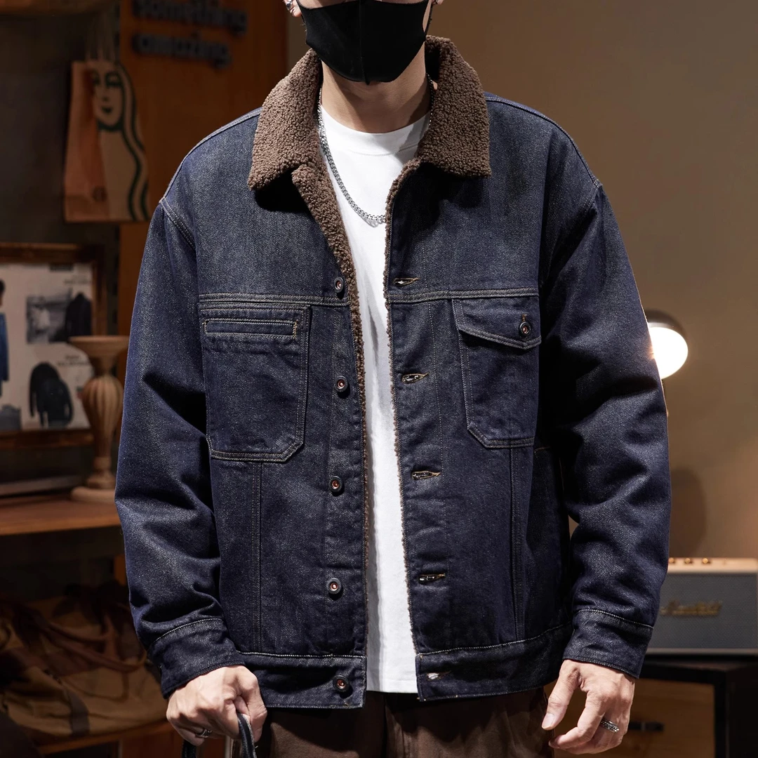 美式高端羊羔绒短款牛仔外套男冬季新款男士棉服工装夹克加厚棉衣