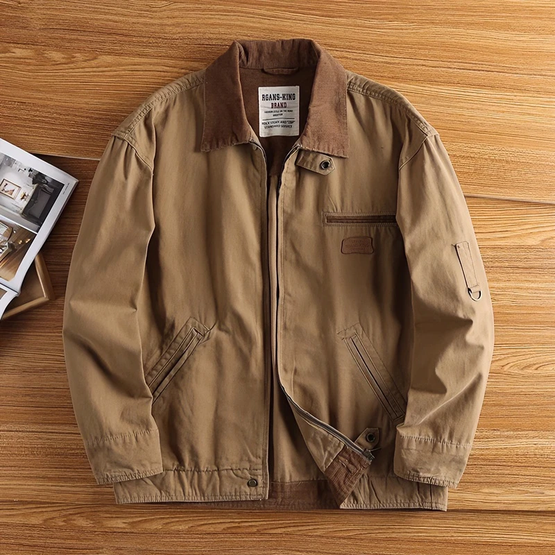 美式复古底特律猎装夹克男士阿美咔叽重磅帆布翻领外套男装春秋款