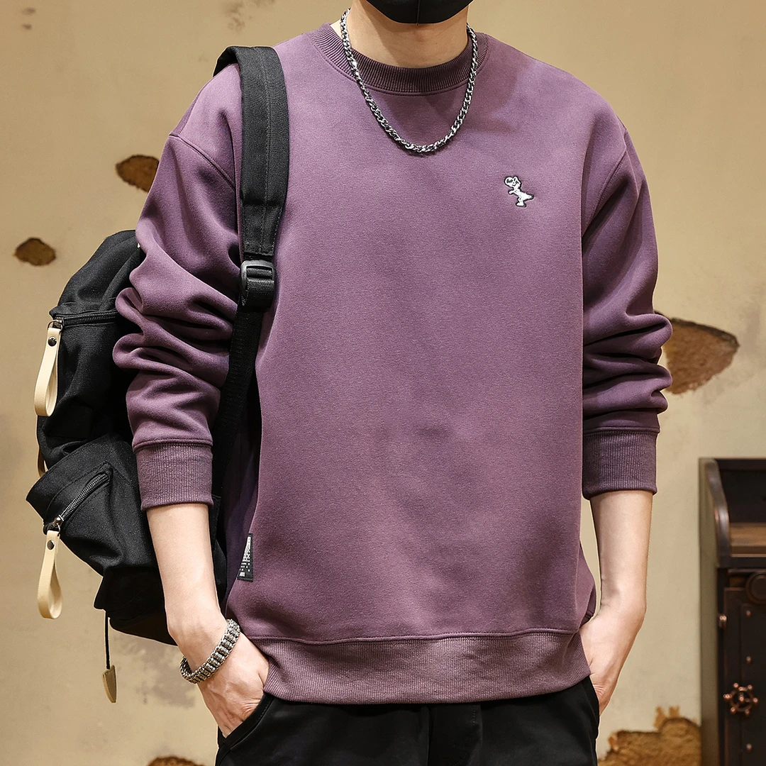 美式复古恐龙刺绣卫衣男宽松大码2025新款简约百搭圆领上衣套头衫