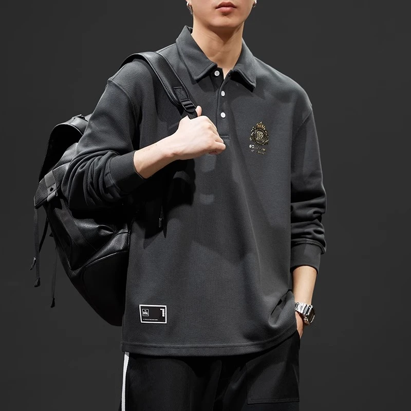 秋季重磅Polo衫男士长袖t恤宽松大码美式潮牌翻领保罗衫卫衣男装