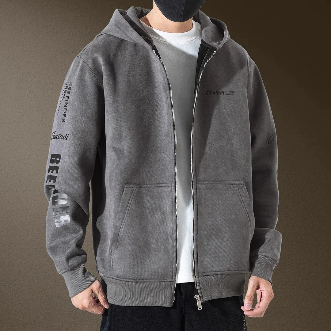 麂皮绒拉链开衫卫衣男连帽春秋季新款外套男士潮牌大码运动外衣服