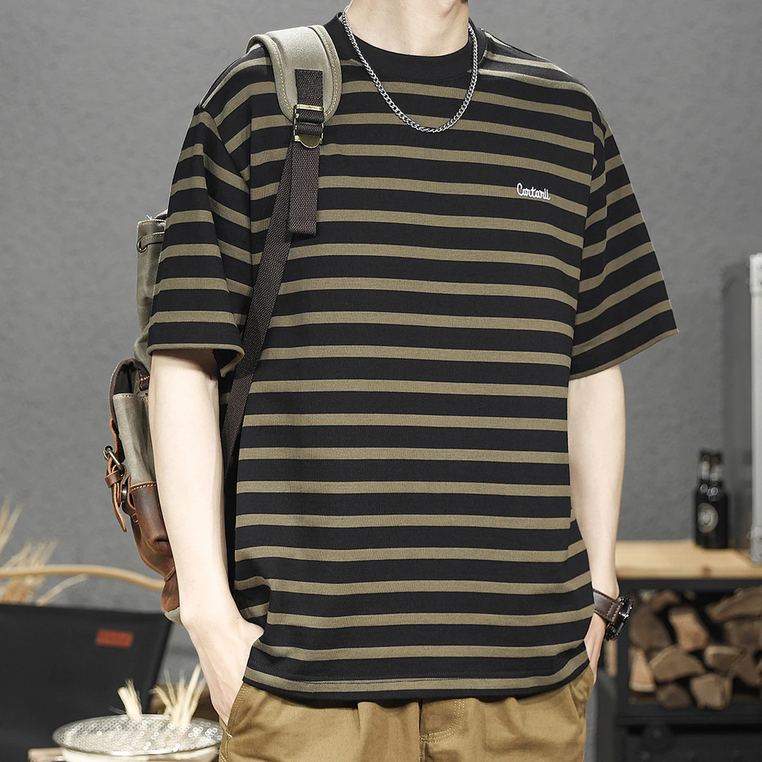 美式重磅条纹短袖t恤男夏季大码宽松圆领刺绣半袖男士潮牌五分袖T
