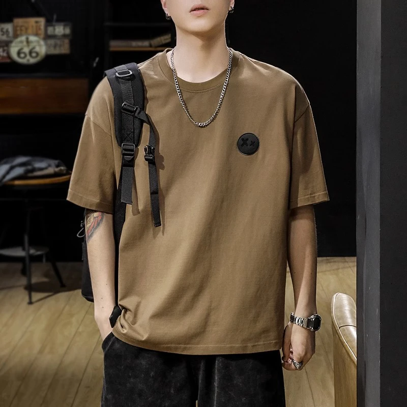 美式重磅纯棉短袖T恤男2025夏季新款男士宽松半袖男款卡其色衣服