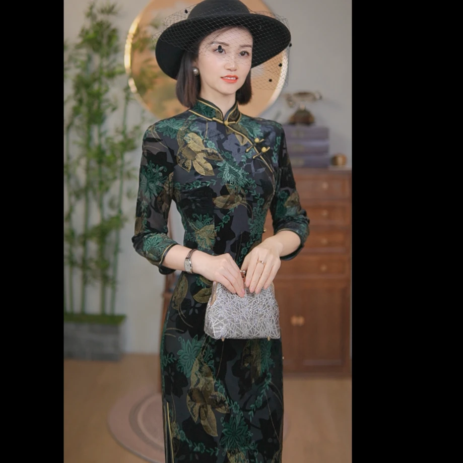 秋季新款2024高端黑色优雅气质复古长款旗袍日常修身显瘦苏州旗袍