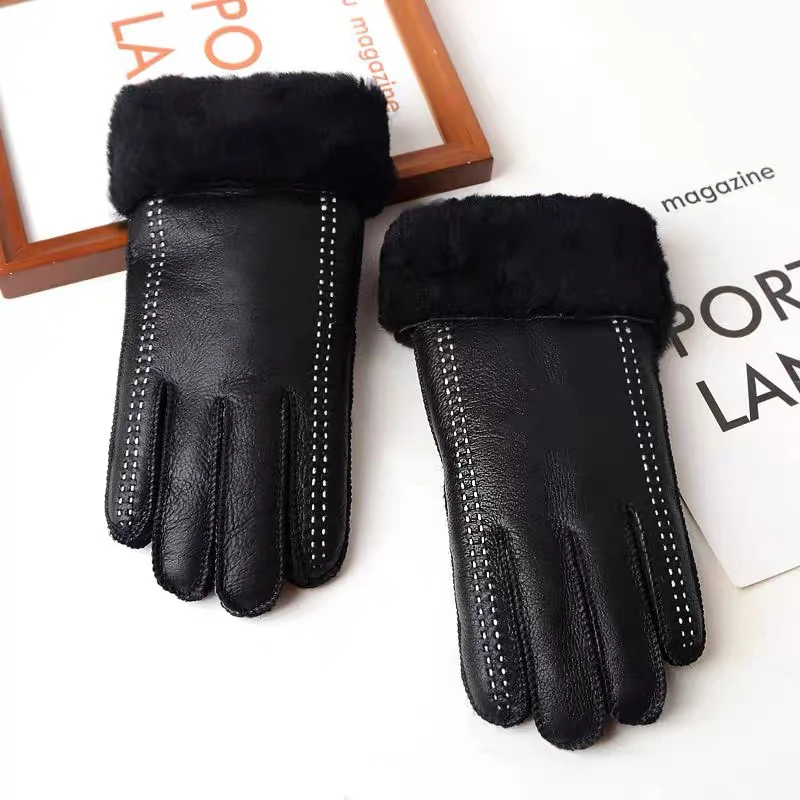 真皮毛一体手套冬季加厚加绒保暖男骑行摩托车羊皮羊毛防寒皮手套