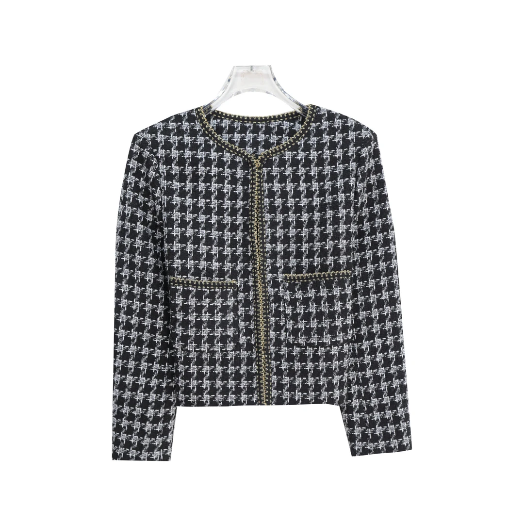 圆领编织格纹粗花呢时尚高端精致短外套S3204