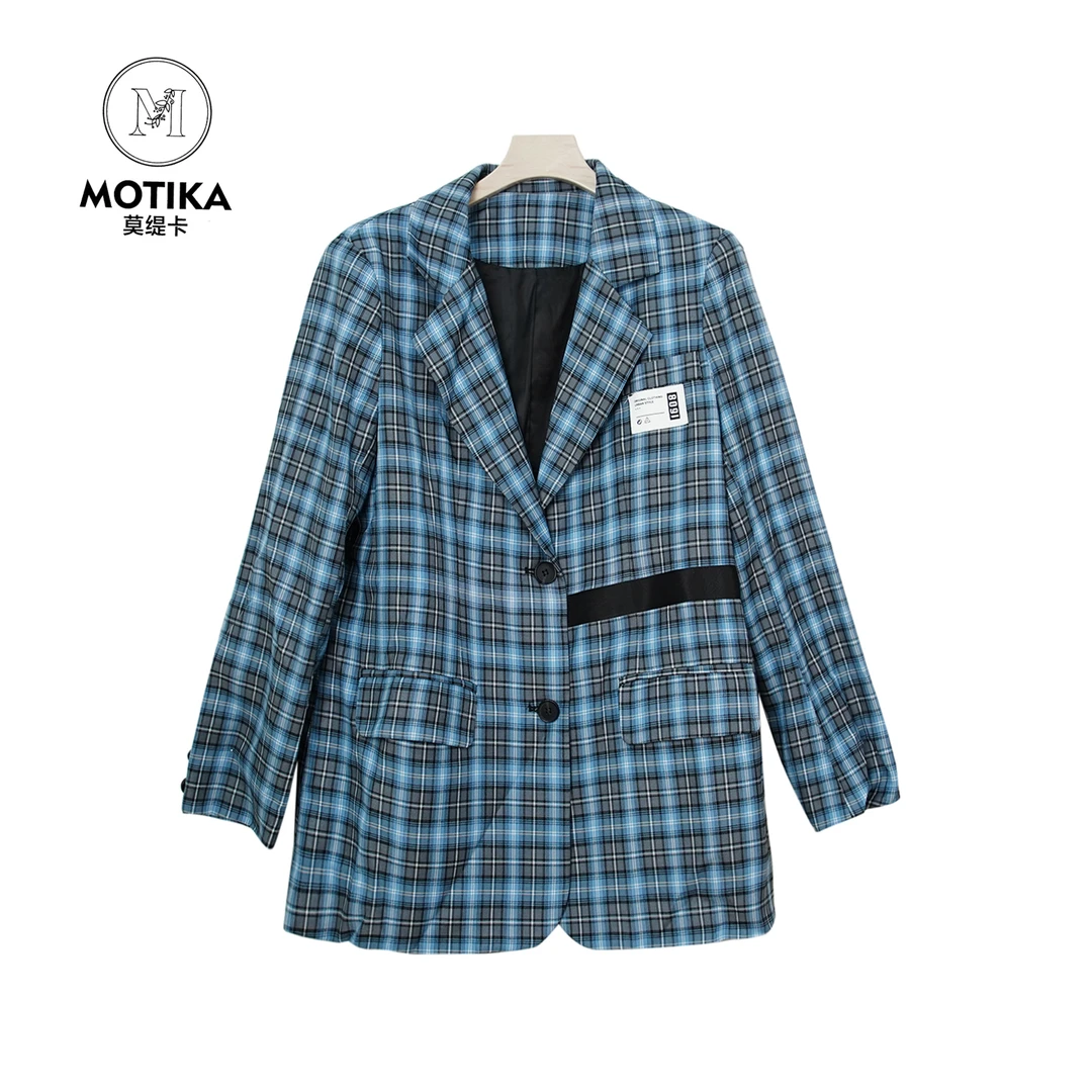 G8018【春季新款】时尚韩版宽松翻领蓝色格子休闲西装