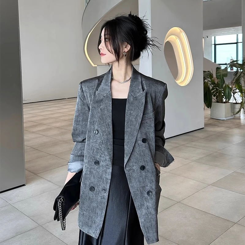 大码高级感气质灰色西装外套女秋季吊带鱼尾连衣裙胖mm遮肉两件套