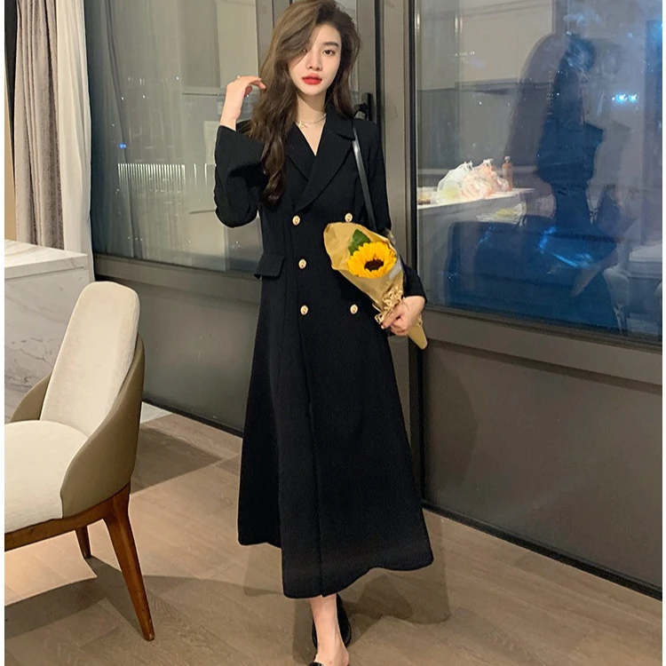 秋装新款大码女装中长款西装连衣裙胖mm高级感黑色赫本小黑裙长裙