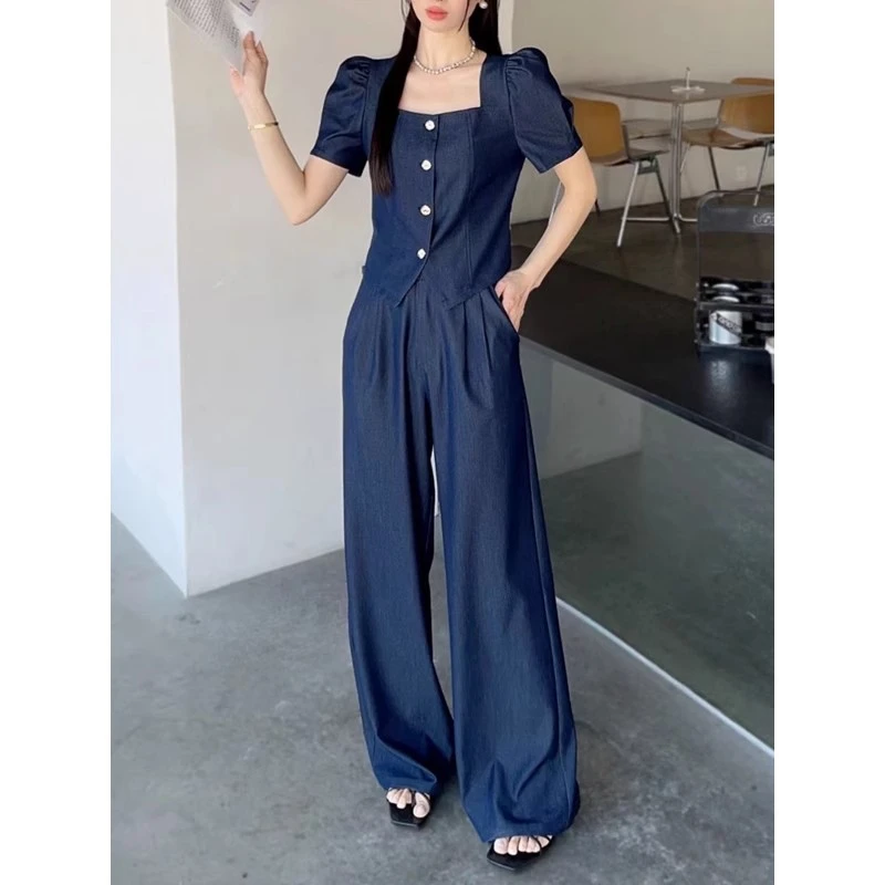 大码薄款仿牛仔阔腿裤两件套女夏新款时尚气质短袖上衣长裤套装