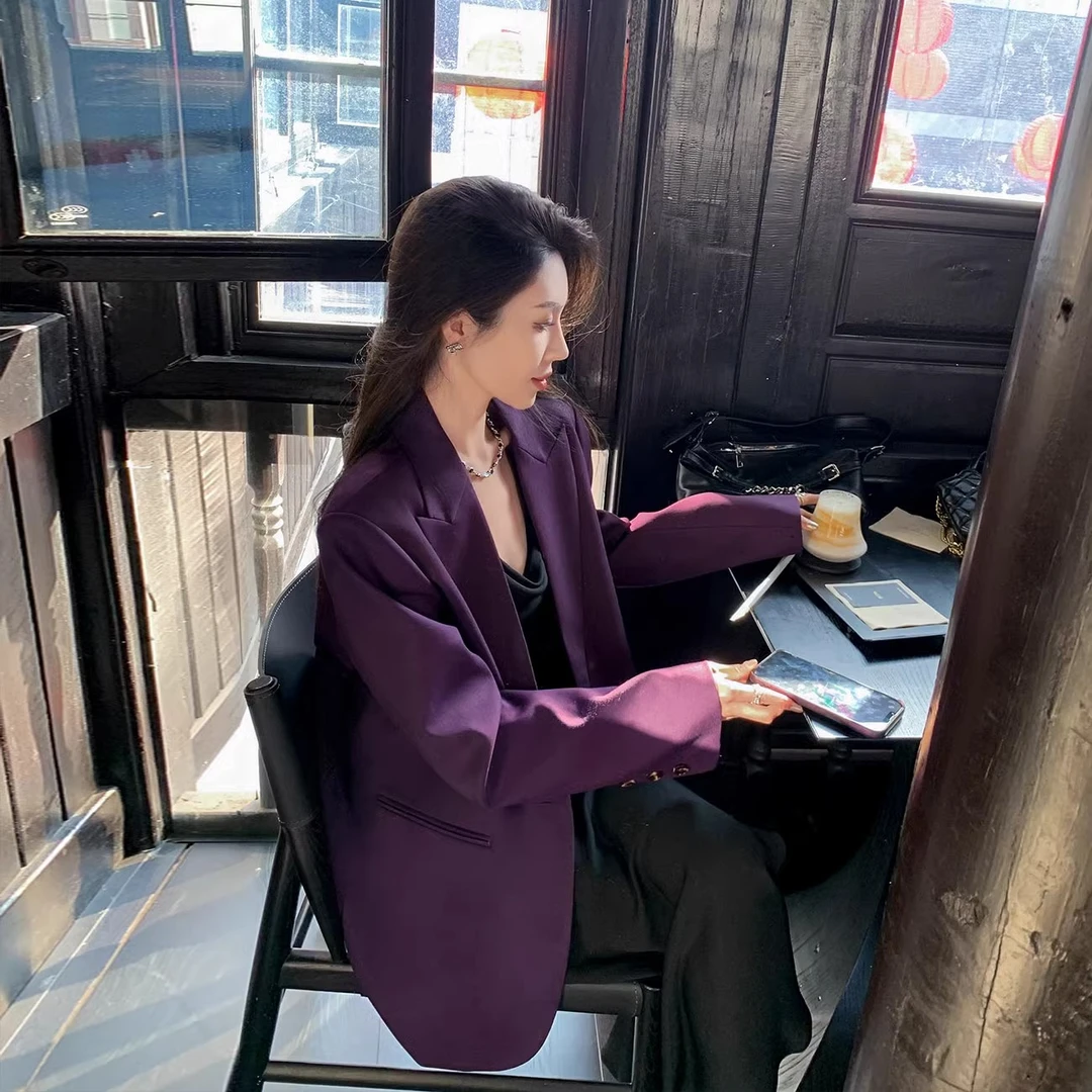 大码女装紫色西装外套2025春季新款高级感宽松休闲廓形时尚小西服