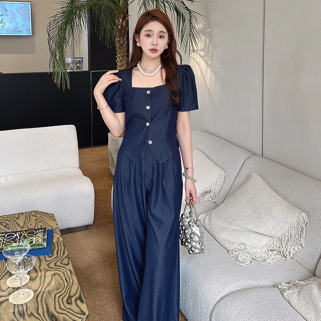 大码女装薄款短袖仿牛仔套装胖mm减龄时尚短袖上衣阔腿裤两件套潮