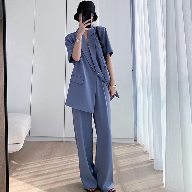 夏装新款大码女装胖妹mm薄西装阔腿裤套装显瘦宽松短袖西服200斤