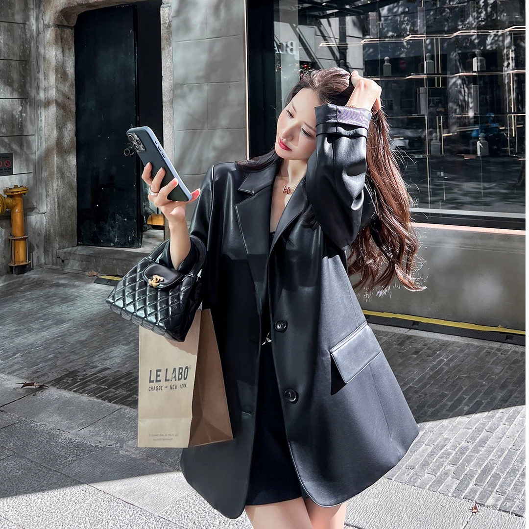 大码黑色西装皮衣外套女2024秋季新款PU皮高级感炸街宽松休闲西服