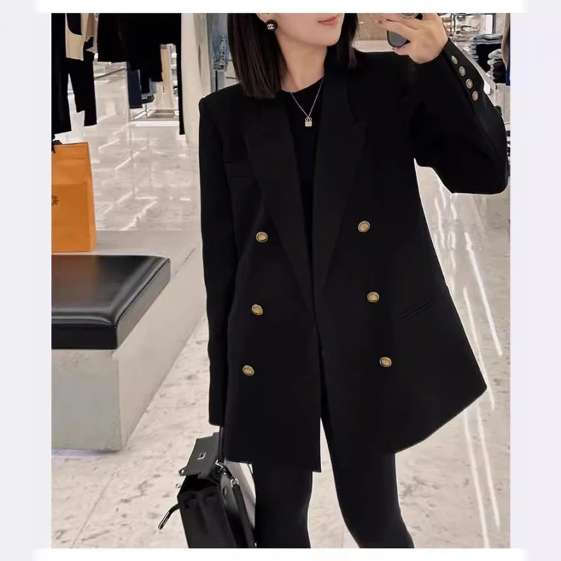 春装新款大码女装英伦气质西装外套高级感胖mm显瘦黑色中长款西服