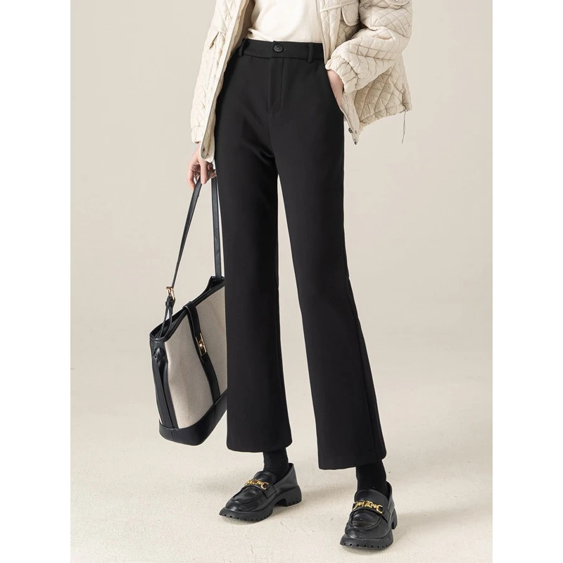 毛呢裤女秋冬2024新款高腰黑色冬季百搭加厚休闲微喇裤女外穿