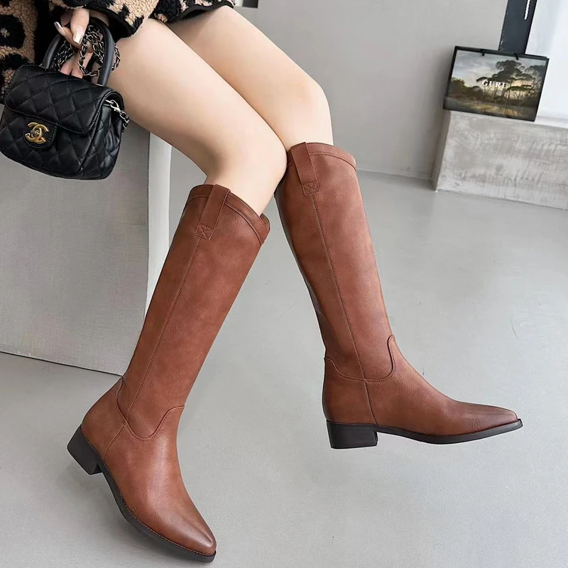 东大门西部高筒靴长靴2025秋冬尖头粗跟复古V口套筒显瘦骑士靴