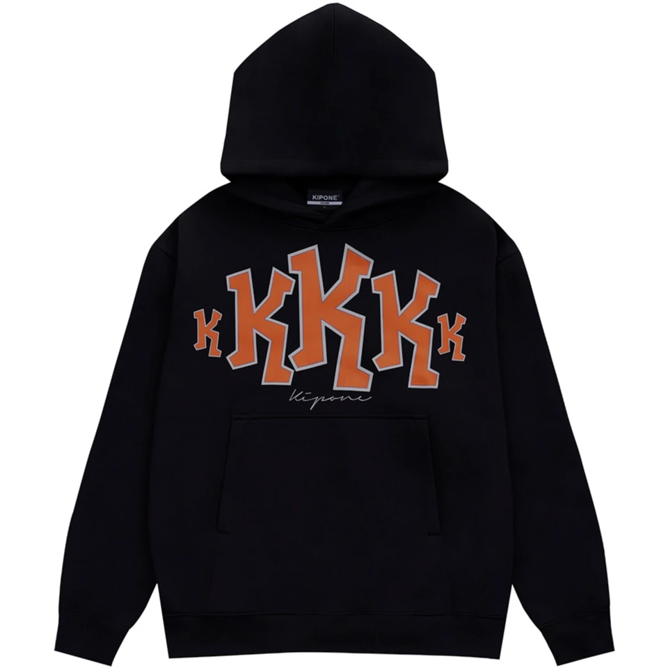 KIPONE/旗牌王冬季加绒卫衣男时尚潮牌休闲宽松重磅连帽黑色外套