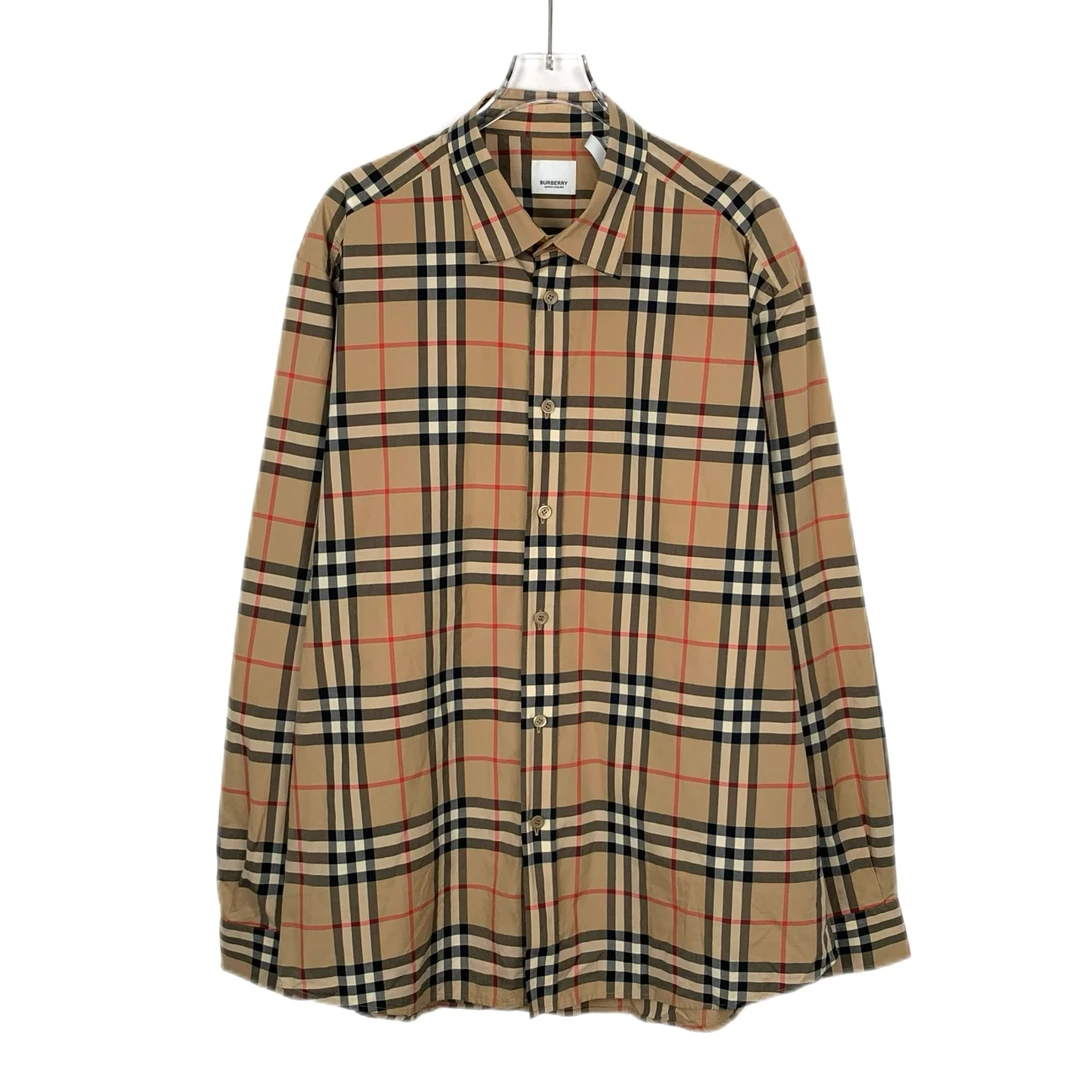 95新 BURBERRY/博柏利 016460 经典格纹翻领棕色长袖衬衫 XXL码