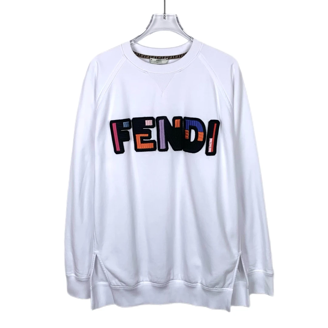 99新 FENDI/芬迪 014573  logo刺绣圆领白色棉质长袖卫衣 M码