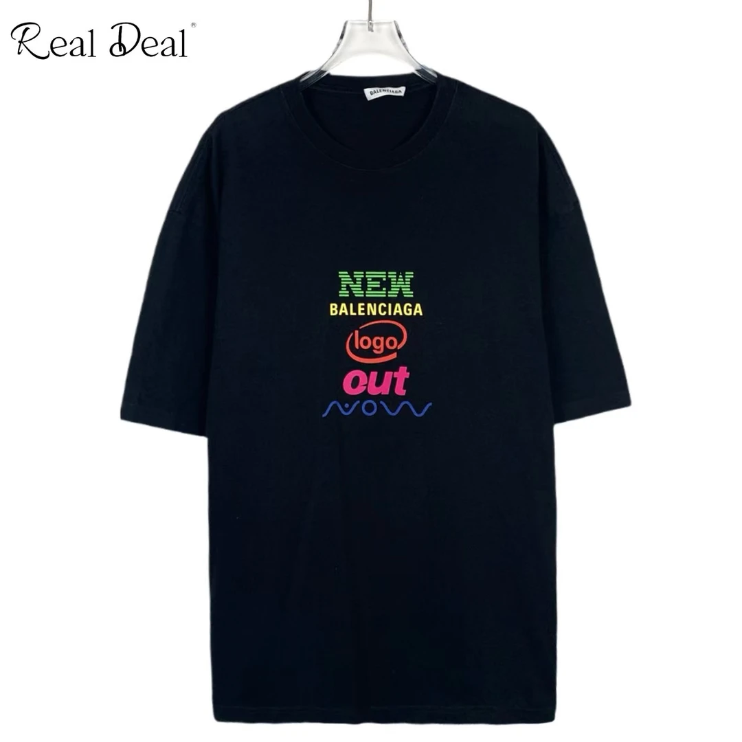 99新 Balenciaga/巴黎世家 019137 彩色logo印花圆领黑色T恤 M码